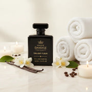 House of DaVoice Twilight Fleur scents like Black Opium displayed with spa towels, vanilla and coffee notes