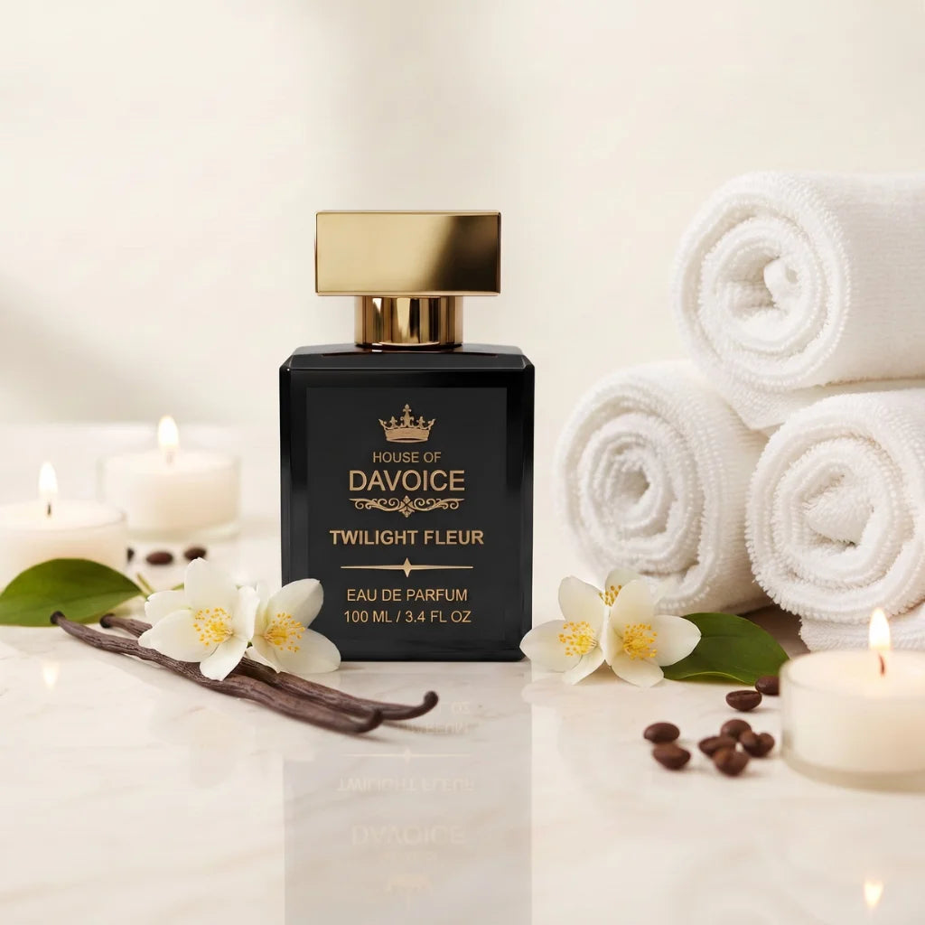 House of DaVoice Twilight Fleur scents like Black Opium displayed with spa towels, vanilla and coffee notes