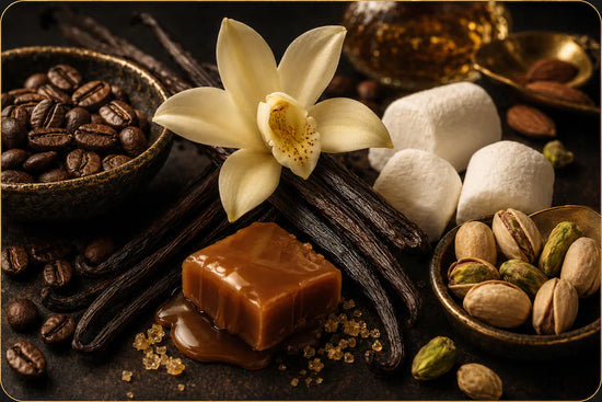 Vanilla and gourmand fragrance notes with vanilla, caramel, marshmallow, coffee, almond and pistachio