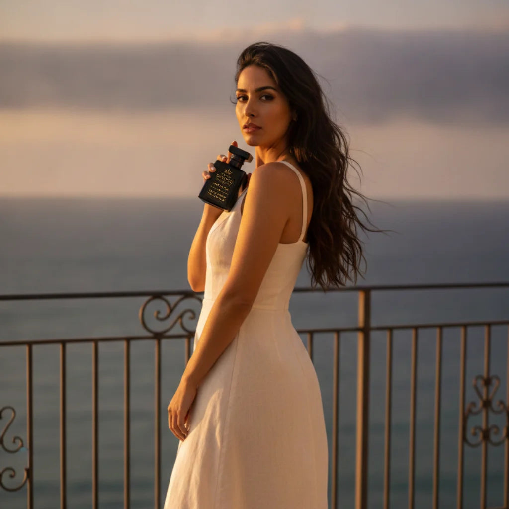 Woman holding Vanilla Tide 100 mL perfume that is a Brazilian Crush 62 dupe at a luxury resort at sunset