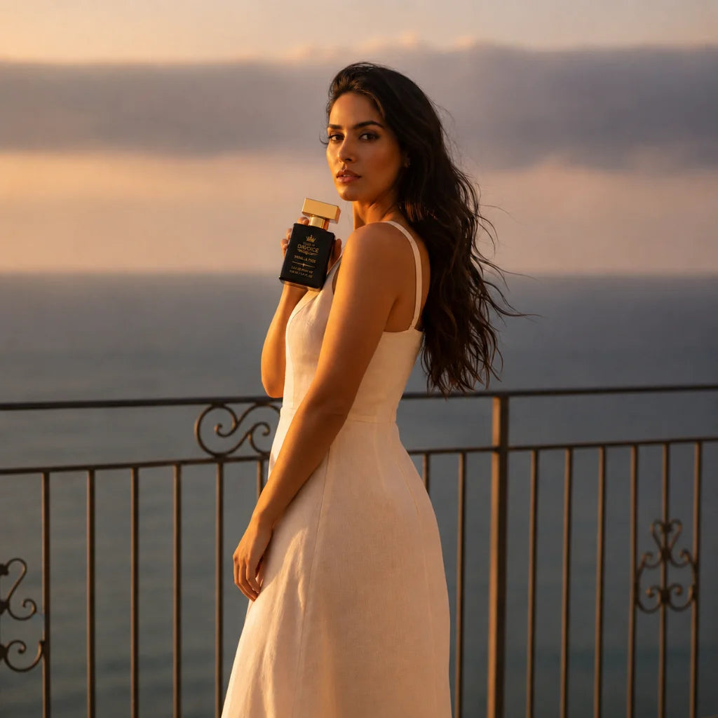 Woman holding Vanilla Tide 100 mL perfume that is a Brazilian Crush 62 dupe at a luxury resort at sunset