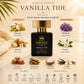 Vanilla Tide fragrance notes infographic for a perfume inspired by Brazilian Crush 62 featuring pistachio, almond, heliotrope, jasmine, caramel, sandalwood, sea salt, and vanilla perfume scents
