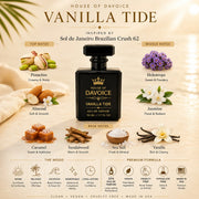 Vanilla Tide fragrance notes infographic for a perfume inspired by Brazilian Crush 62 featuring pistachio, almond, heliotrope, jasmine, caramel, sandalwood, sea salt, and vanilla perfume scents