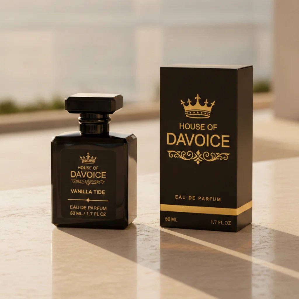 Vanilla Tide perfume bottle beside luxury presentation box