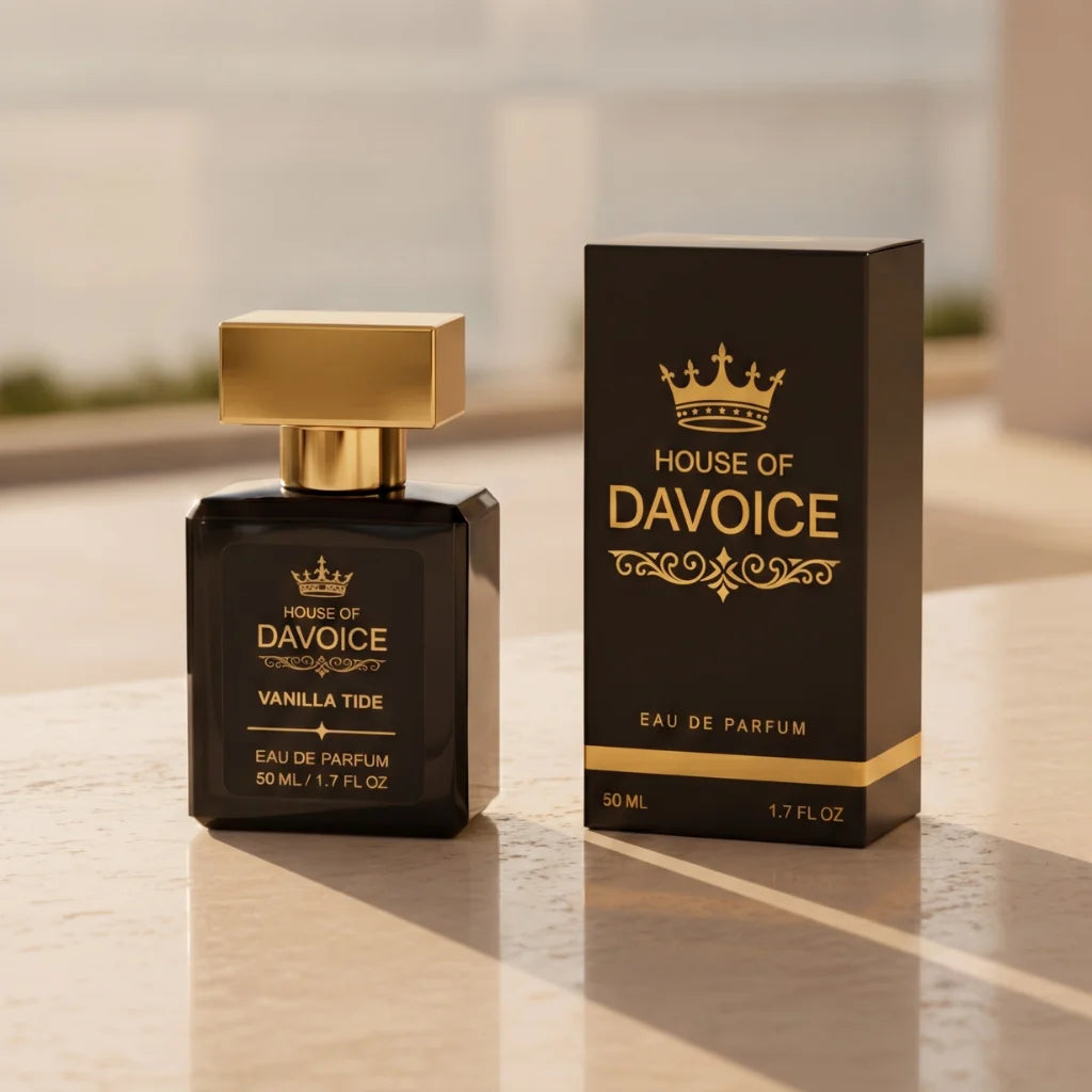 Vanilla Tide perfume bottle beside luxury presentation box
