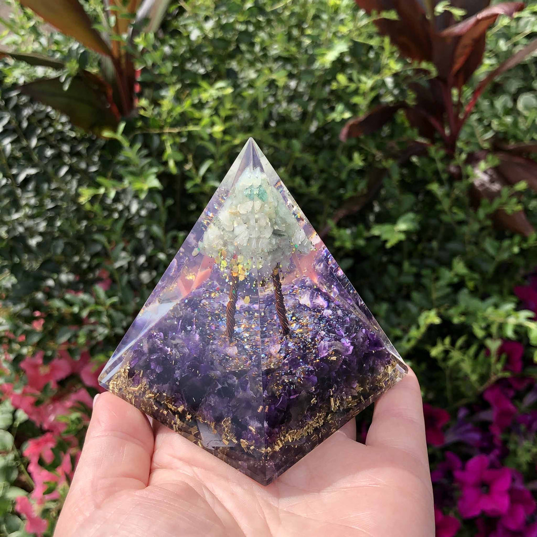 Amazonite Tree of Life Amethyst Purple Crystal Resin Orgonite Pyramid