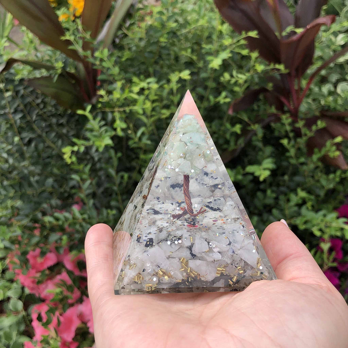 Amazonite Tree of Life Copper Rainbow Moonstone Resin Orgone Pyramid